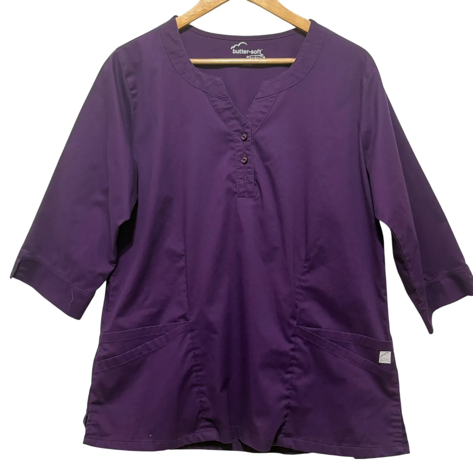 Butter Soft Womens Scrub Top L Purple V Neck 3/4 Sleeve Stretch Nursing Uniform - Image 1