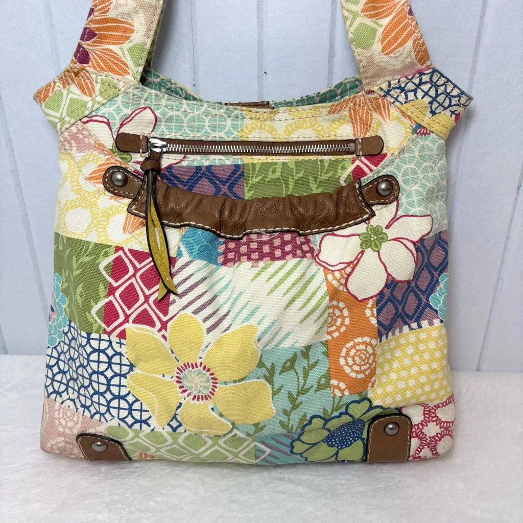 Vintage Fossil Original Brand Patchwork/Floral Canvas Bag With Leather Detail - Image 2
