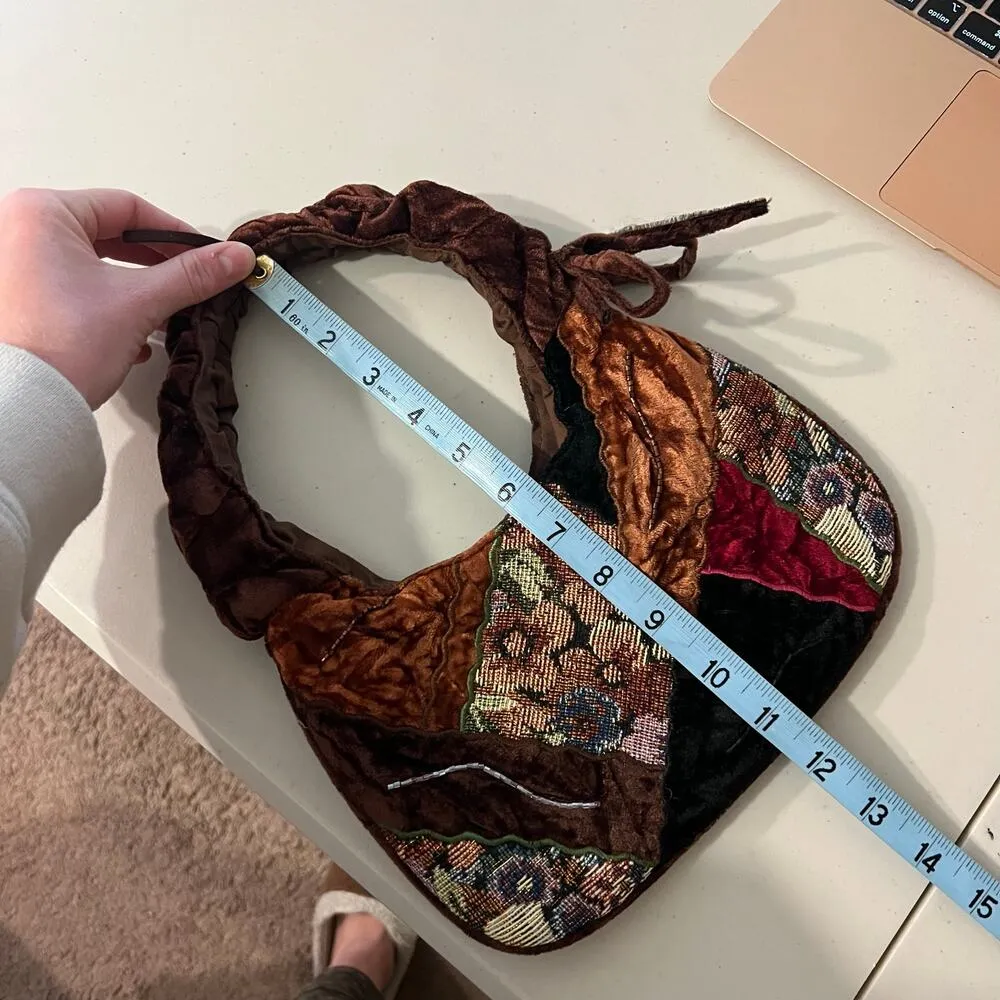 Y2K Whimsical Velvet Brown Patchwork Sequin Mini Top Handle Shoulder Bag - Image 12