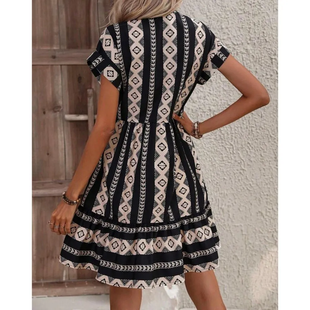 SHEIN Geo Print Batwing Sleeve Ruffle Hem Dress Size L - Image 5