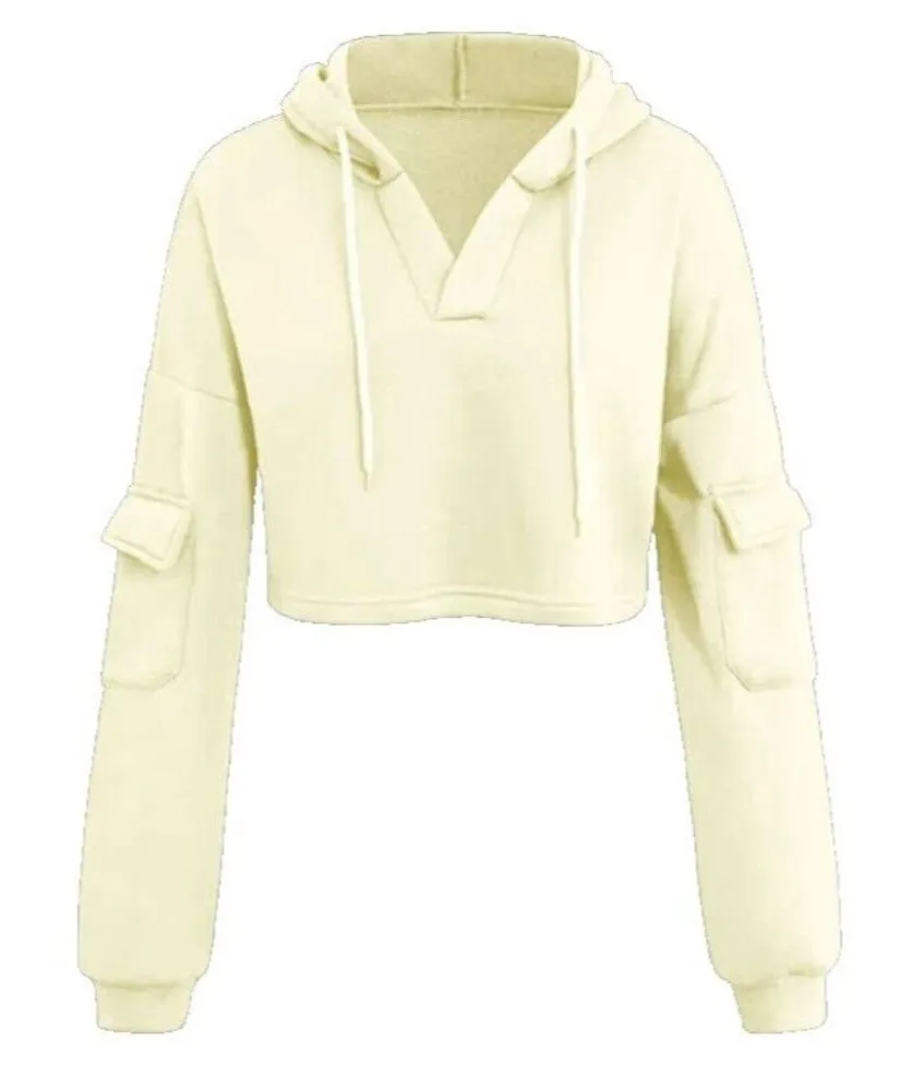 Micas Women's V-Neck Long Sleeve Pocket Hooded Sweatshirt Pullover Beige Large - Image 1