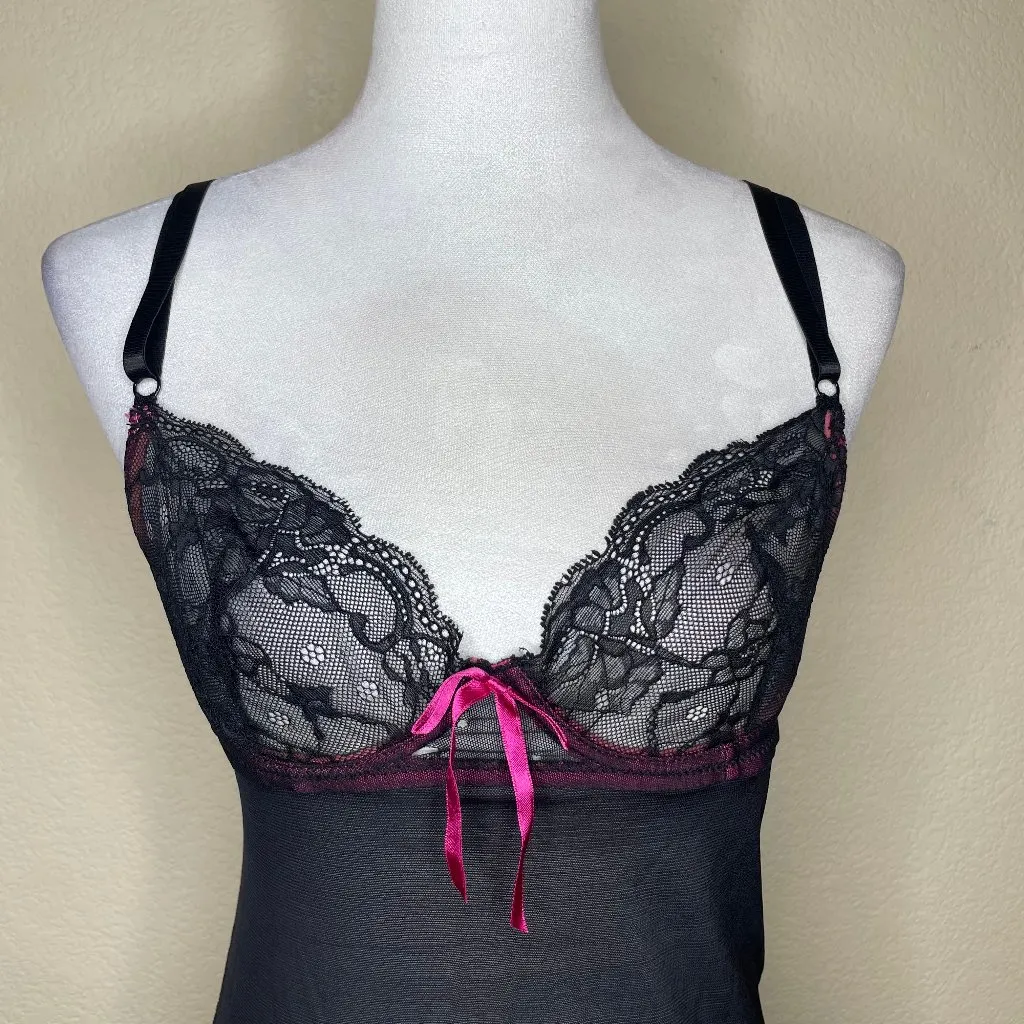 Y2K Vintage  Babydoll Black Pink Net Mesh Back Tie/Clasp Slip Dress 36C - Image 2