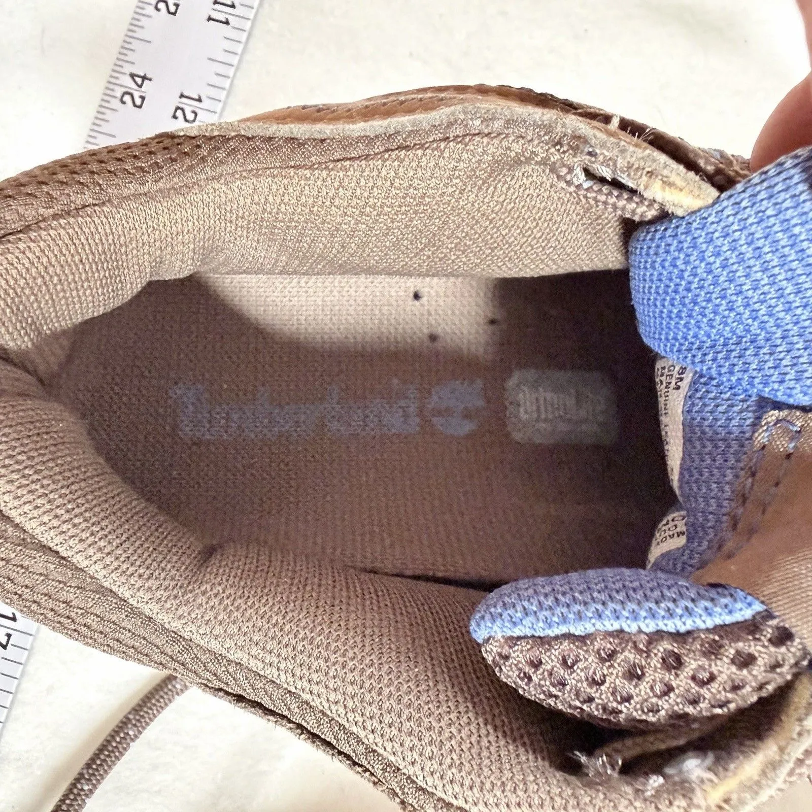 Timberland Womens 8 OrthoLite Hiking Sneaker Khaki Blue Leather Low Vibram Boot - Image 7