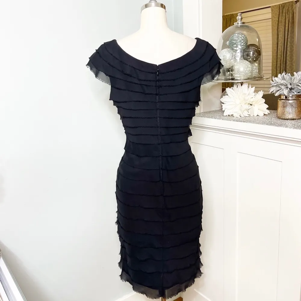 London Times Black Chiffon Tiered Layered Sheath Dress Small - Image 5