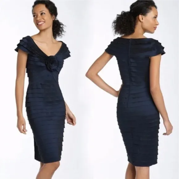 Tadashi Shoji Rosette Cap Sleeve Sheath Cocktail Dress Navy Blue Women's Size 4 - Image 2