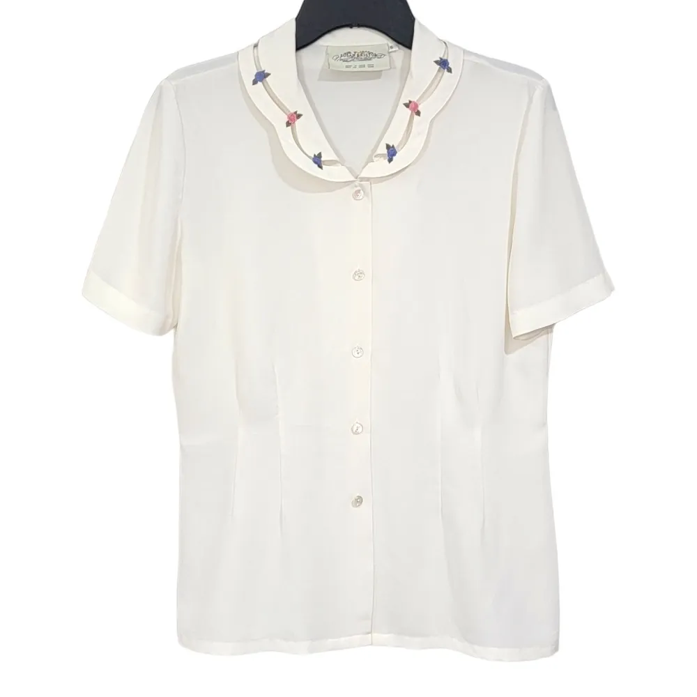 Susan Bristol Vintage Semi Sheer Short Sleeve Ivory Button Down Women Size 6 - Image 13