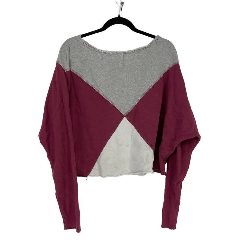 Free People Sweatshirt Womens Small Montauk Pullover Burgundy Colorblock Cropped - Image 4