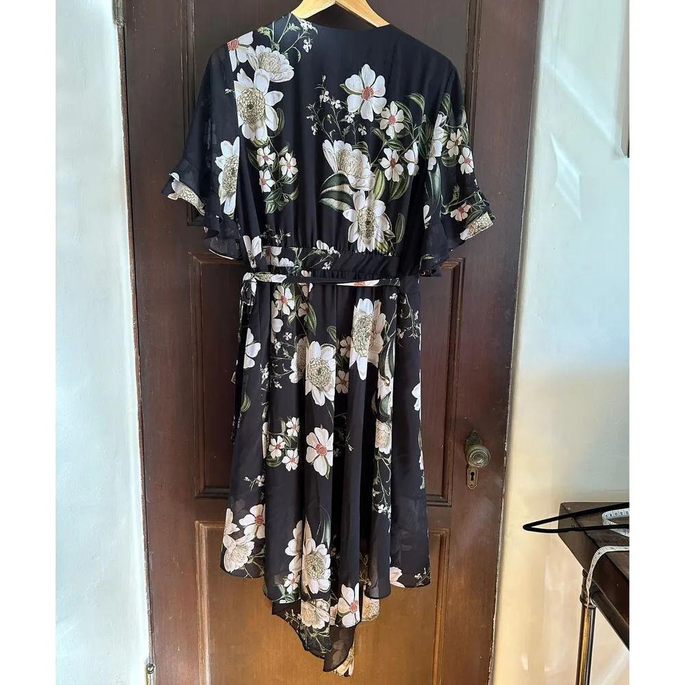 EVER NEW | Black Floral Print Wrap Dress Ruffle Sleeve Ruffle Neck | Size 12 - Image 3