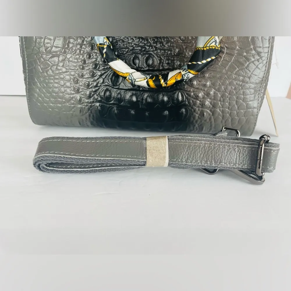 Genuine Leather Gray Crocodile Crossbody Shoulder Strap Bag With Scarf Detail - Image 8