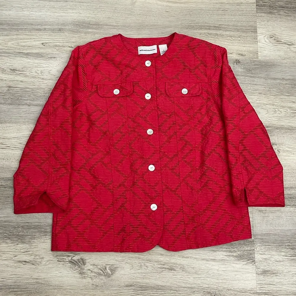 Red 3/4 Sleeve Button Down Shacket with Sheer Texture Size 8 - Image 6