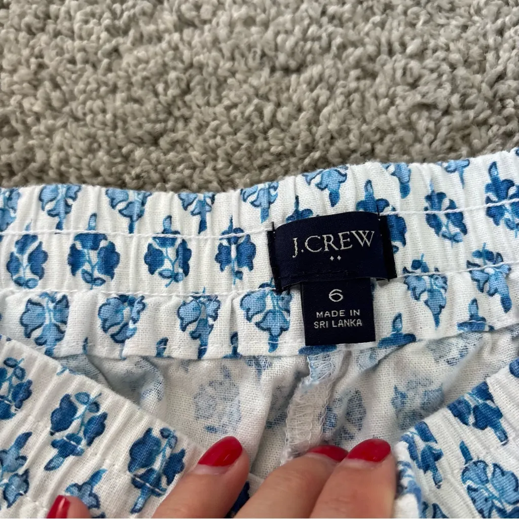J. Crew Women's Linen Blue White Floral Elastic Waistband Pants Size 6 - Image 5