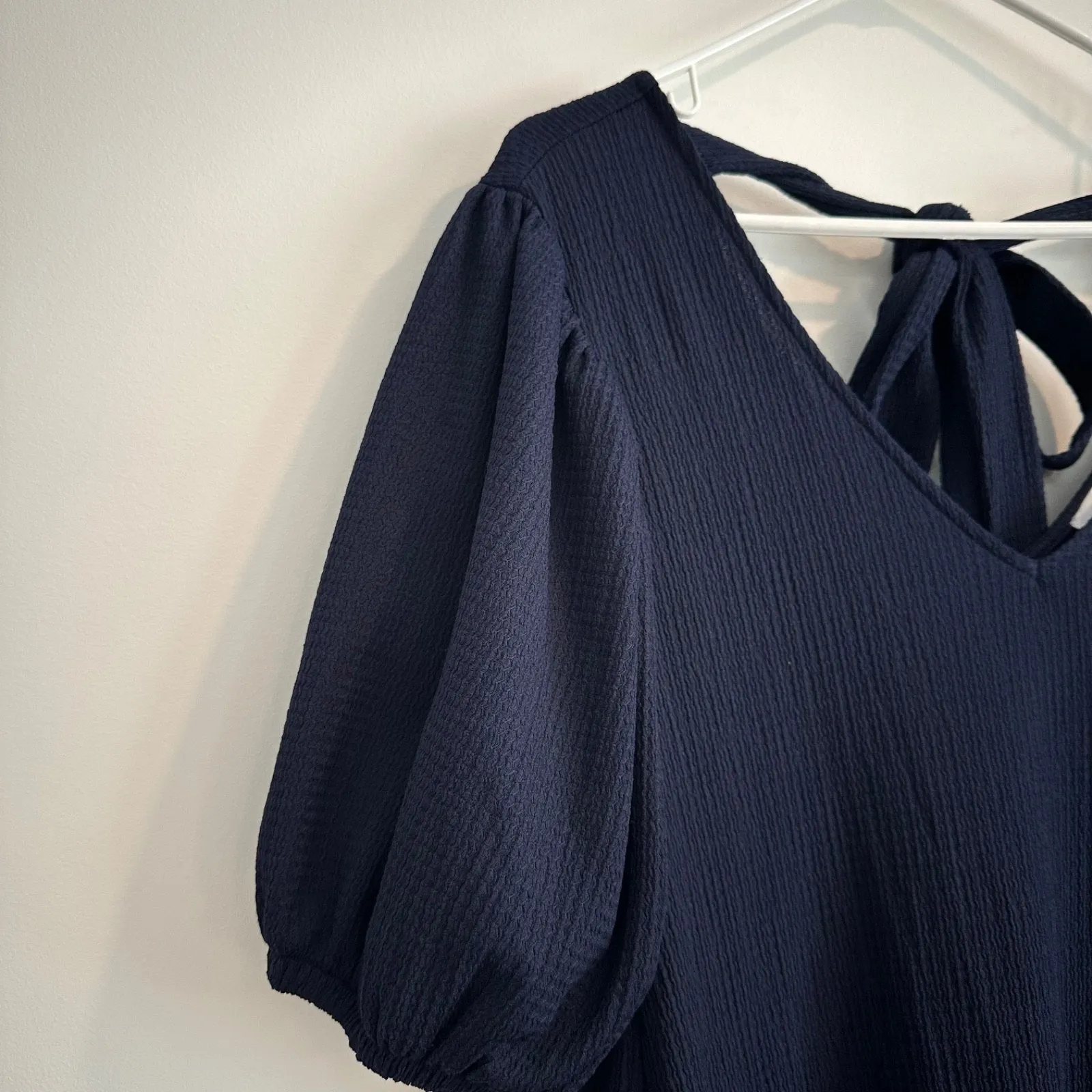 Gibson Latimer Navy Blue Maxi Dress Women's Large Ruffle Hem Puff Sleeve V-Neck - Image 4