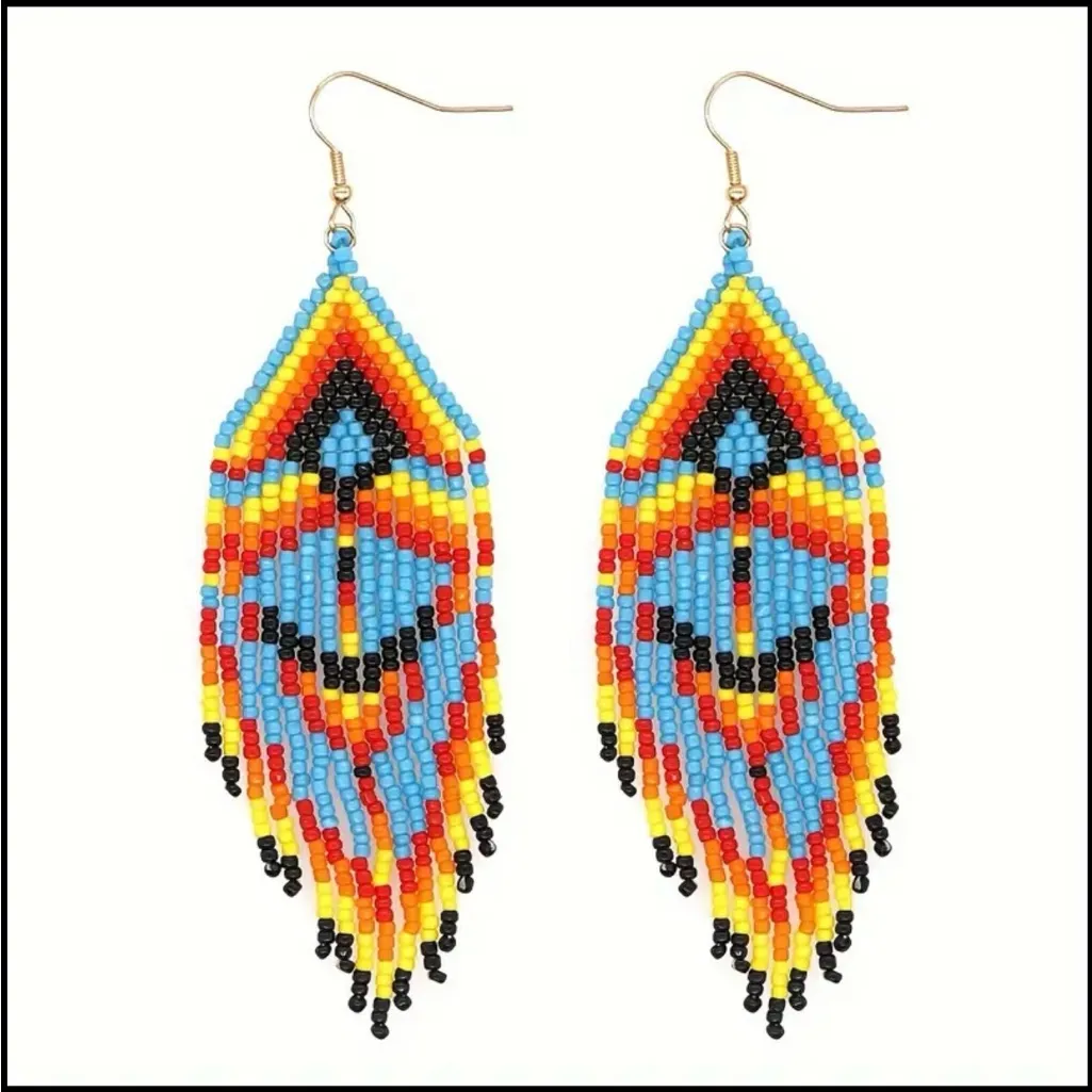 1 Pair Multicolor Bohemian Beaded Tassel Earrings Ethnic Tribal‎ Style Blue - Image 8