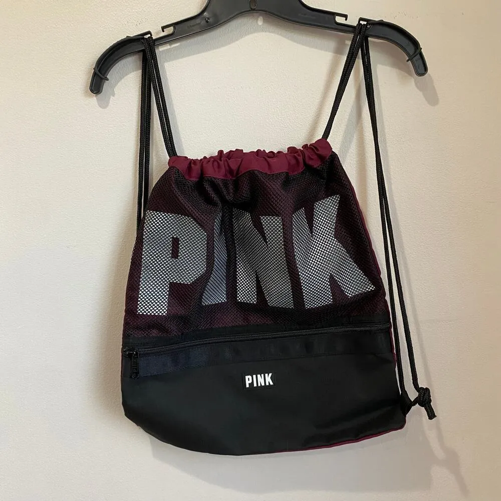 Victoria's Secret Pink MAROON Drawstring Backpack Bag Tote Duffle Gym Mesh - Image 4
