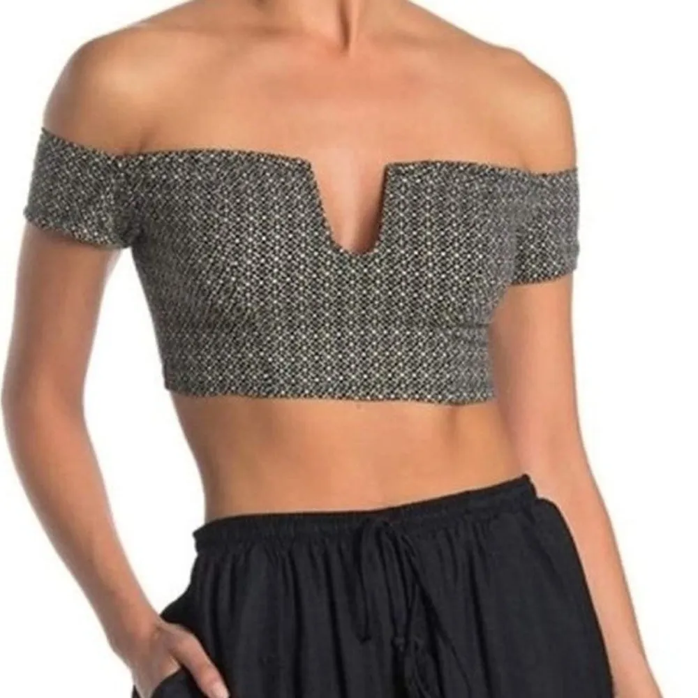 Free People Lucky Now Brami Bra Crop Top Black Combo Notch Off Shoulder XSmall - Image 4