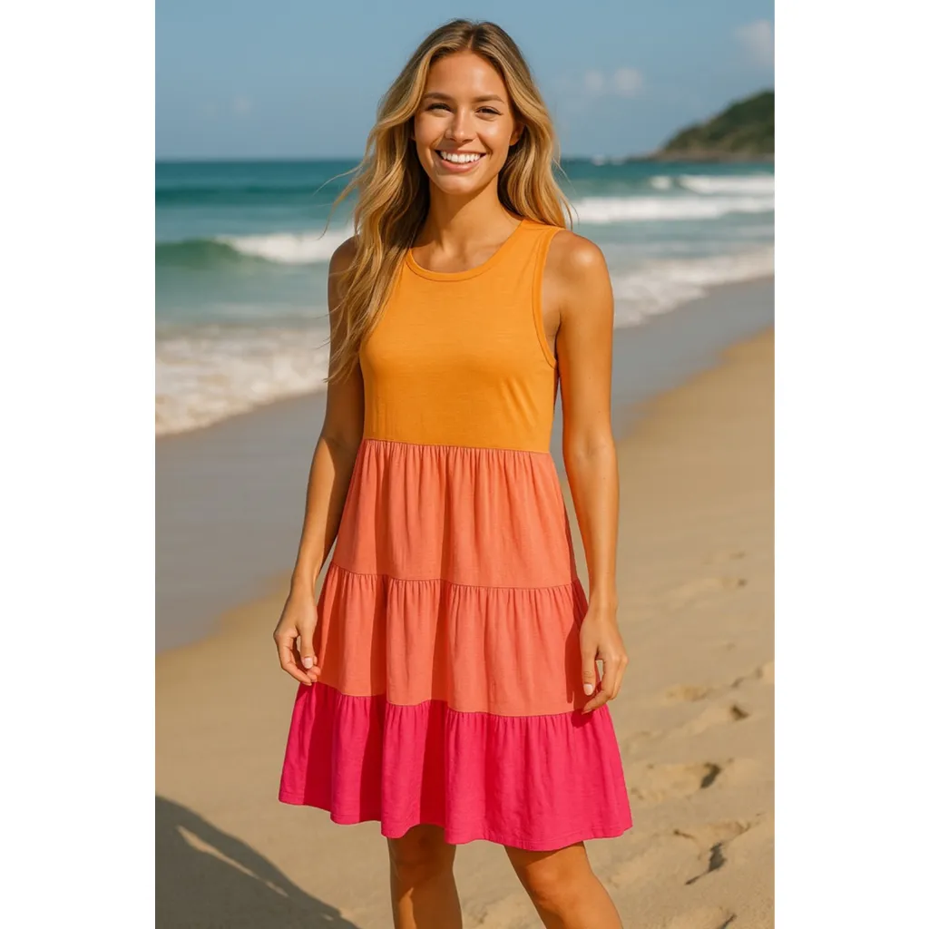 Terra & Sky Colorblock Sleeveless Dress Cotton Orange Pink Beach Breathable Boho - Image 2