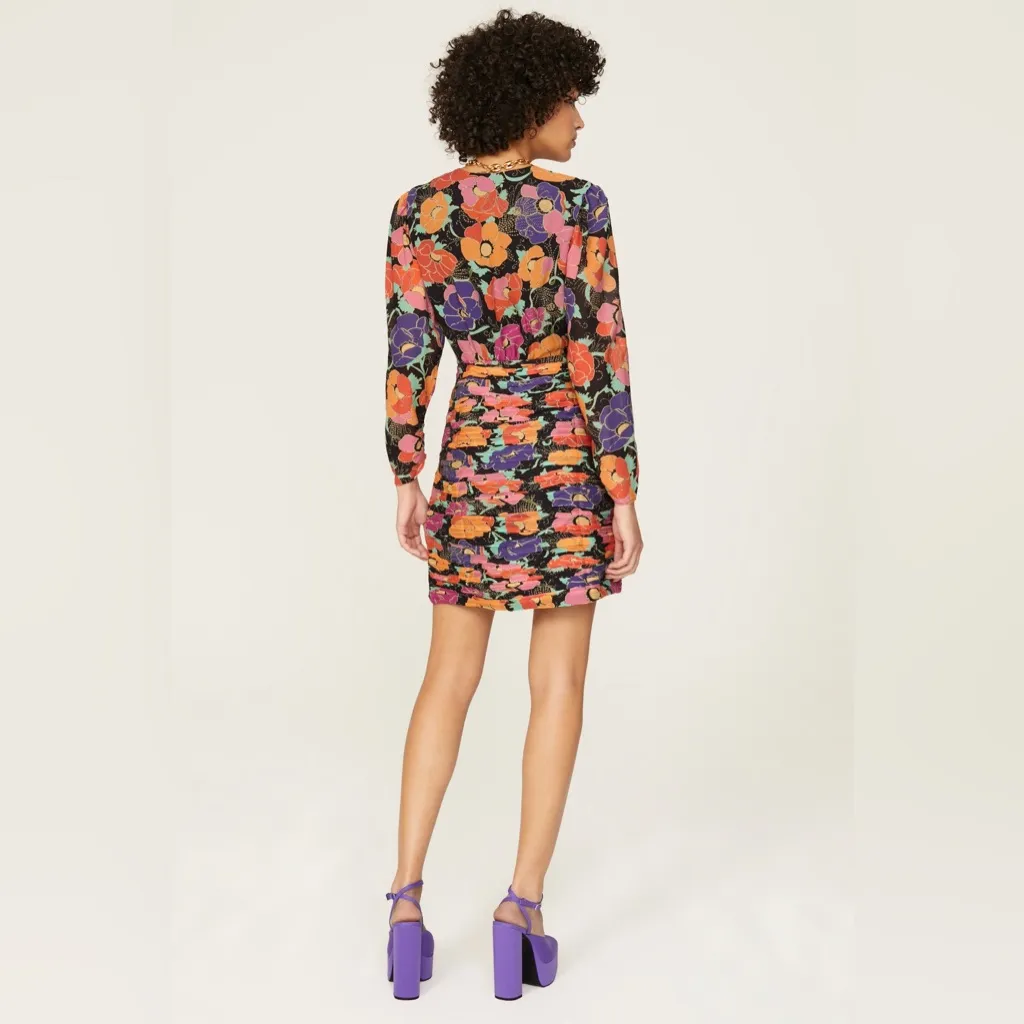 RIXO Silk Golden Floral Ruched Deep V Neck Dress Size 6 Boho Glam Psychedelic Black - Image 3