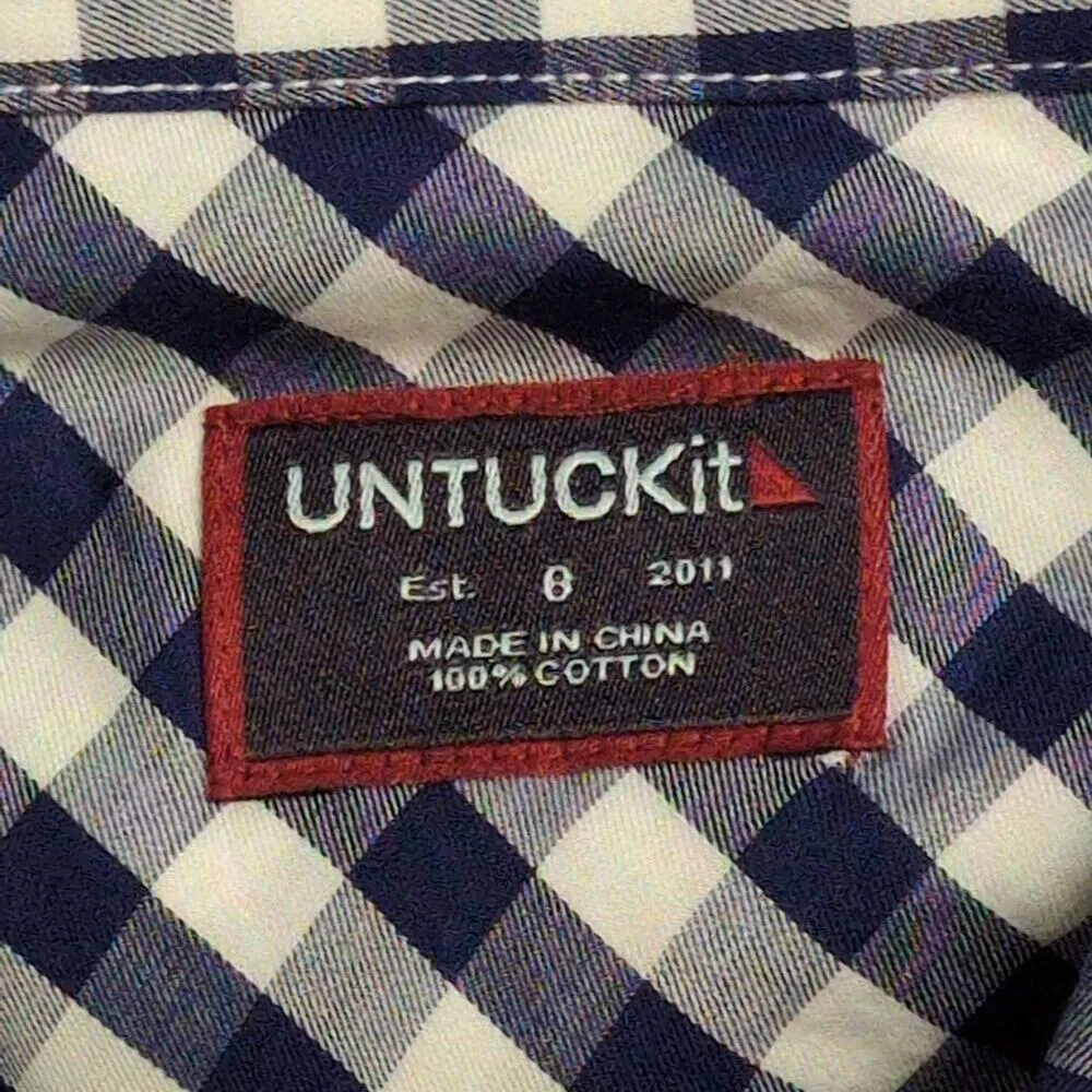 NWT UNTUCKIT Belleza Navy Gingham Button Down Regular Fit Long Sleeve Shirt Sz 8 Blue - Image 6