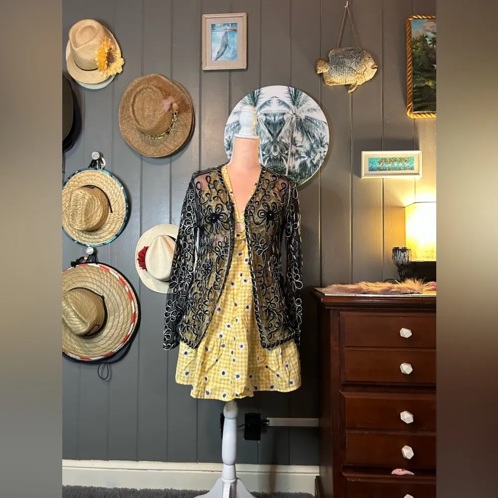 Compliments Sheer Floral & Loop Style Cardigan Small Black - Image 3