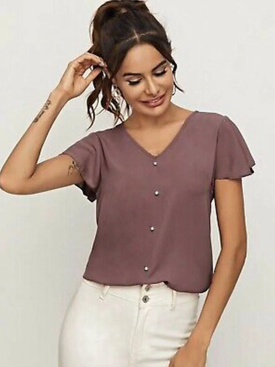 NEW SZ XL Beautiful Mauve Flutter Sleeve Blouse W Pearl Faux Buttons - Image 2