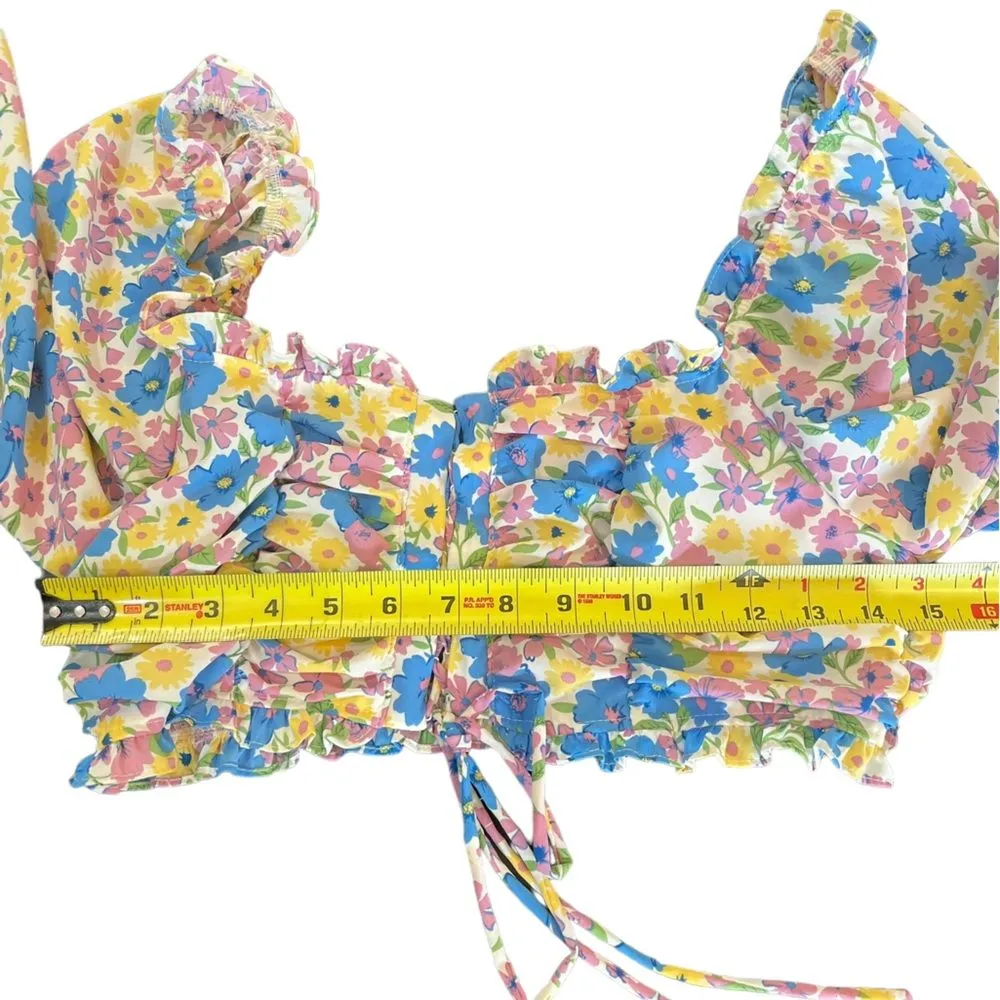 Fiestar Smocked Crop Top Front Lace Up Puff Sleeves Floral Womens Size Large NWT - Image 14