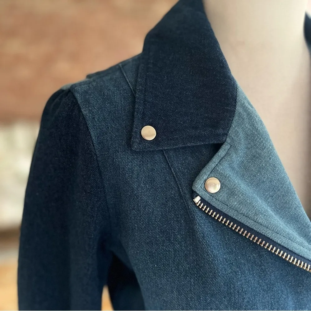Veda Atmosphere Denim Jacket Moto 3 Tone Trio Blue S Cropped Belted Chic Edgy - Image 6
