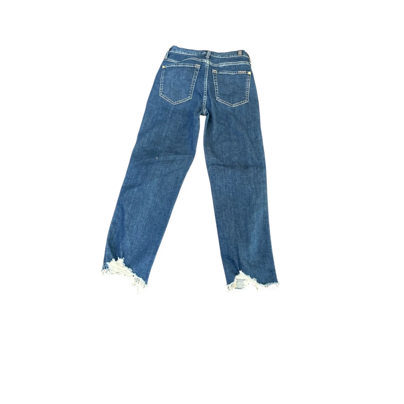 7 For All Mankind High Waist Cropped Flare Jeans Blue Denim Raw Hem Size 25 - Image 4