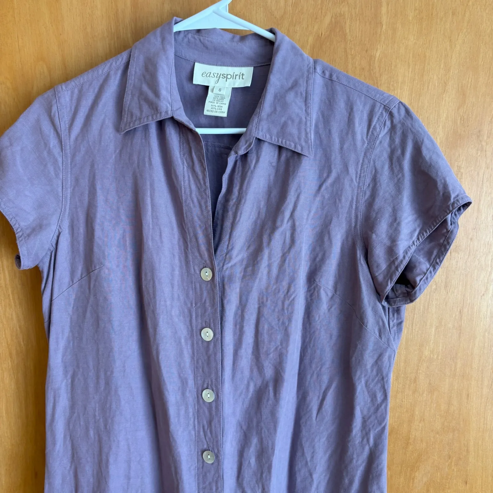Easy Spirit Silk Linen Button‎ Down Midi Dress Womens Size 6 Purple Lavender - Image 2