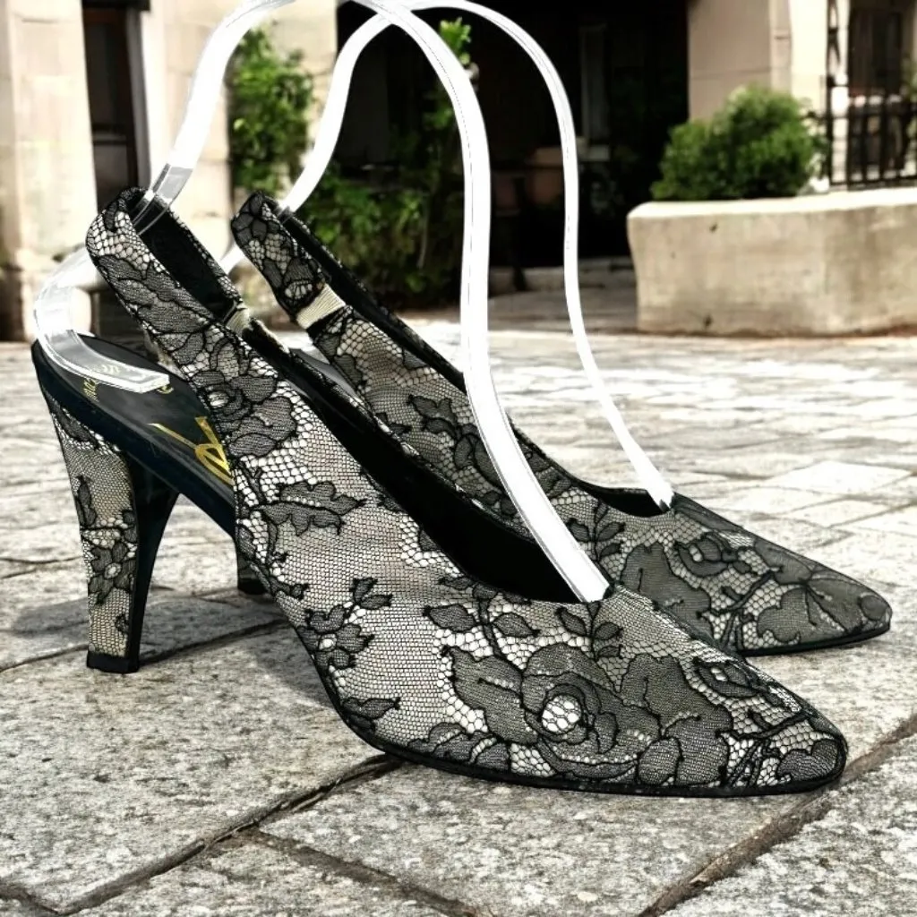 Vintage YSL Black Lace Slingback Pumps Size 7.5 Yves St Laurent - Image 2