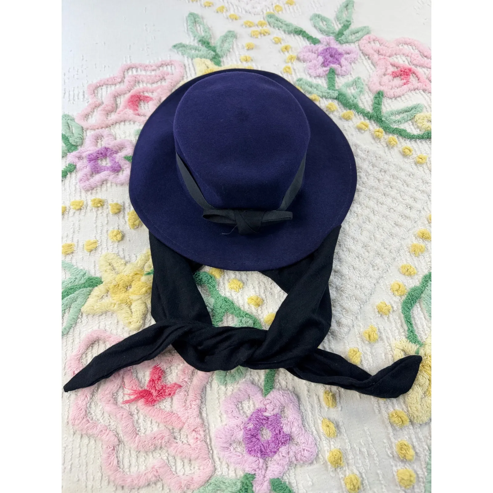 Purple wpl 5923Wool Wide Brim Hat Black Ribbon Bow Tie Back Accent Women - Image 2