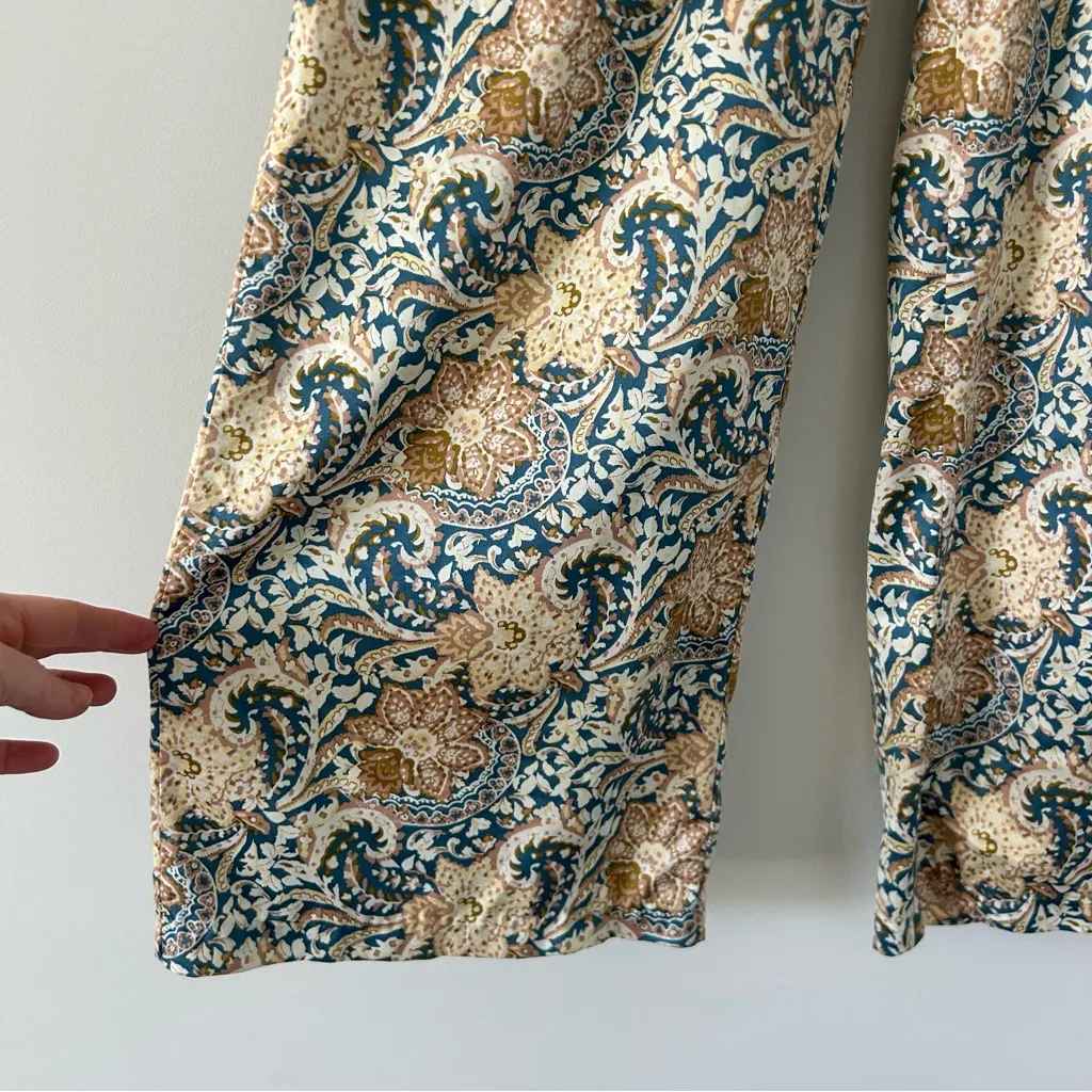 Anthropologie Drew Cream Gold Blue Wide Leg High Rise Trouser Satin Pants S - Image 4