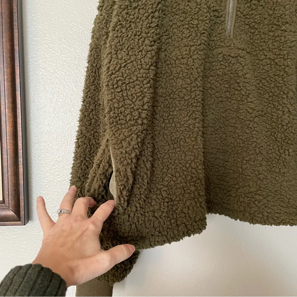 Thread & Supply Quarter Zip Teddy Sherpa Olive Green Pullover Coat Jacket XL - Image 6