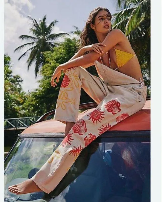 Free People We The Free Ziggy Printed Khaki Overalls Slouchy Size Large NWOT - Image 12