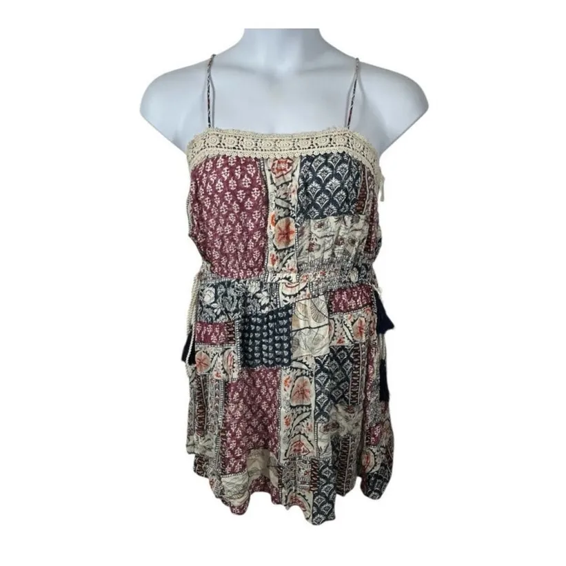 Earthbound Boho Flare Patchwork Mini Sundress Size Large Festival Cottagecore Tan - Image 2