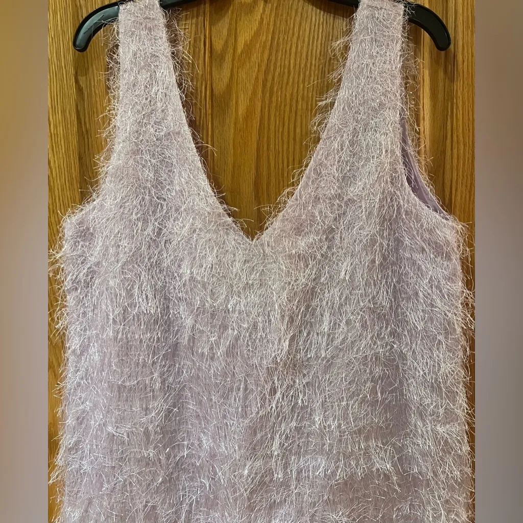 TOPSHOP Lilac Metallic Fuzzy Fringe Deep‎ Plunging V-Back Mini Slip Dress Size 6 - Image 8