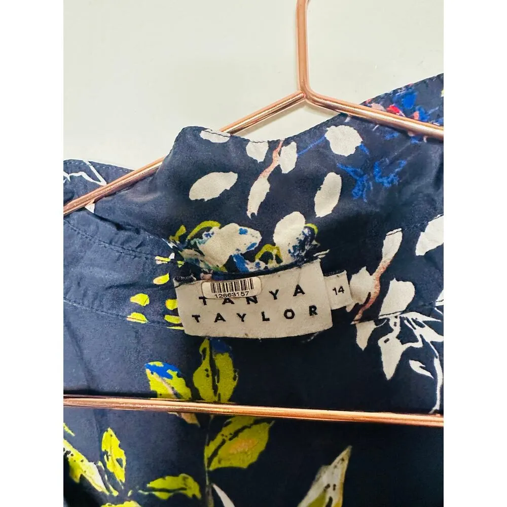 TANYA TAYLOR Navy Printed Floral Button Up Collared Aliciana Shirt Dress Size 14 - Image 9
