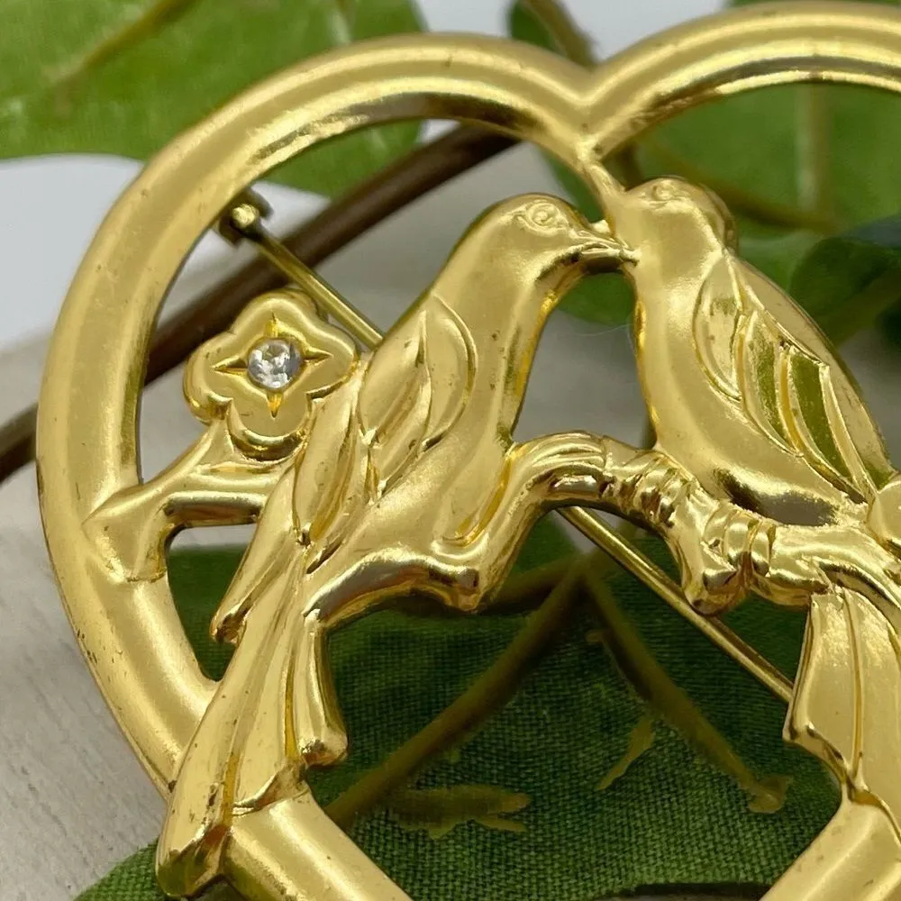 Vintage 1940s Lovebird Heart Rhinestone Brooch Pin Gold - Image 7