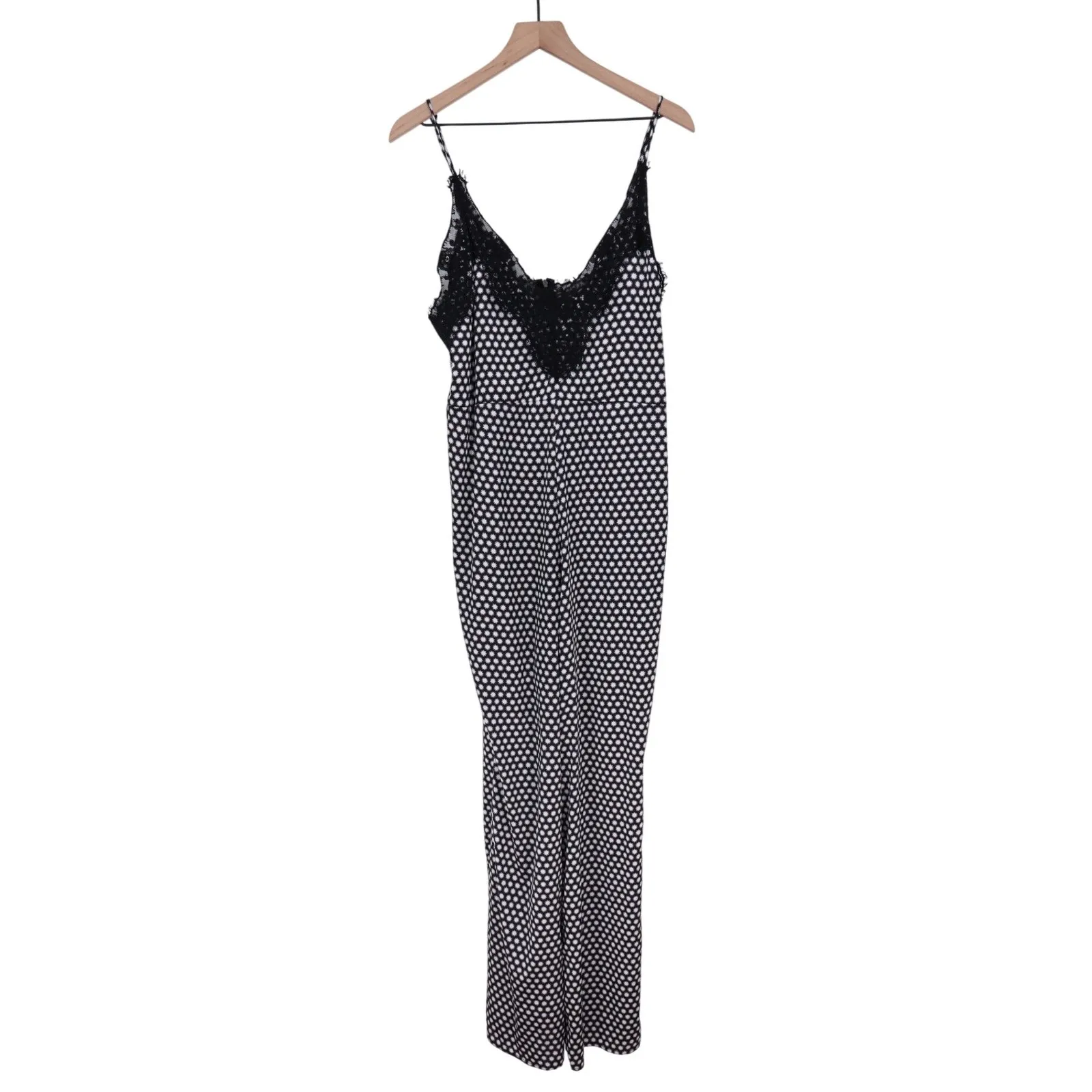 MARGOT JOSEPH Black White Polka Dot Lace Trim Jumpsuit Wide Leg L Size L - Image 2