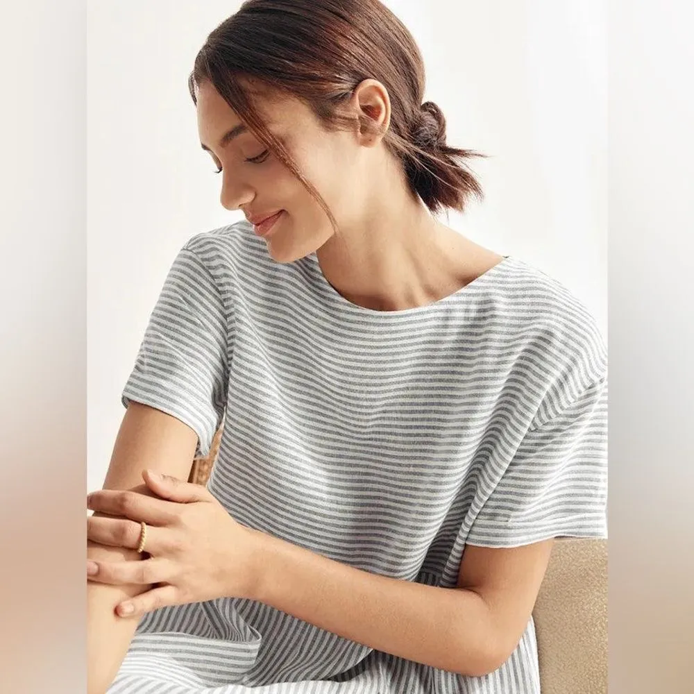 Lintico Morgan 100% Linen Striped Short Sleeve Midi Dress Boho Lagenlook Size S Blue - Image 16