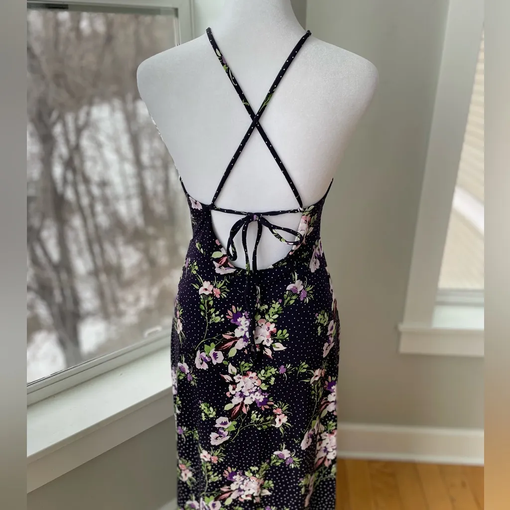 EXPRESS Dark Purple Floral Polka Dot Print Tie Back Backless Maxi Dress Size XS - Image 8