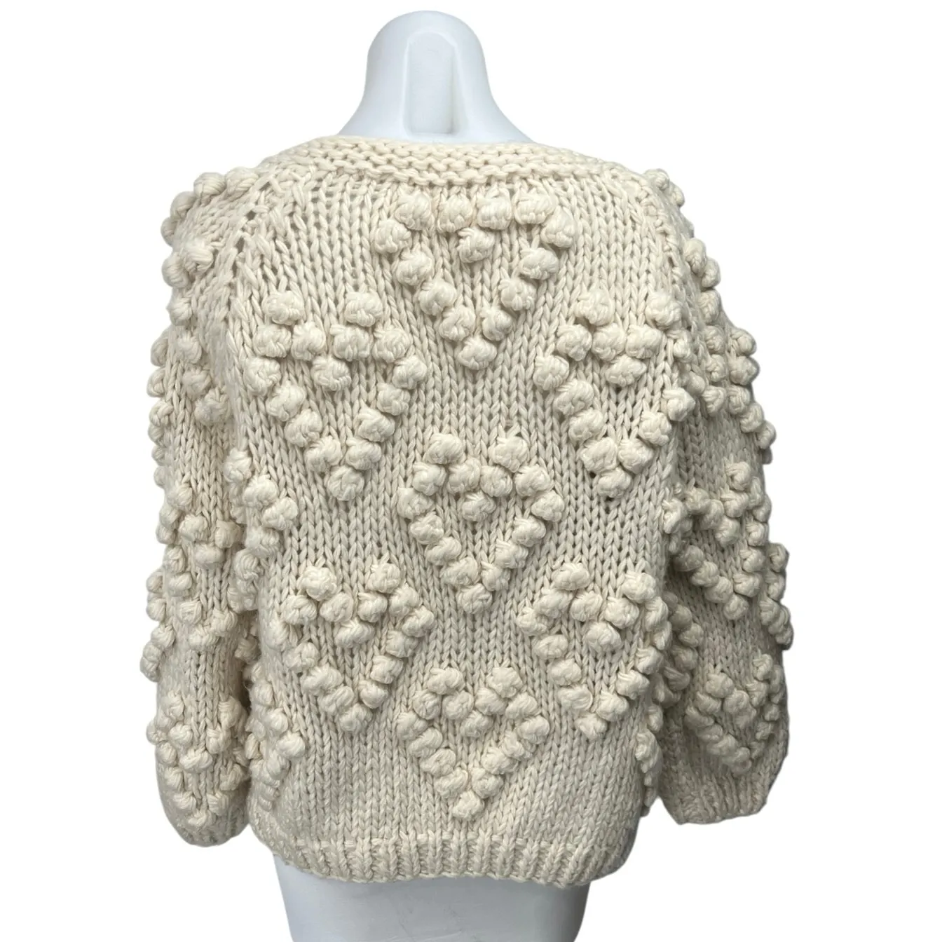 Chicwish Knit Your Love Ivory Heart Shape Pompoms Chunky Knit Cardigan Sweater S - Image 3