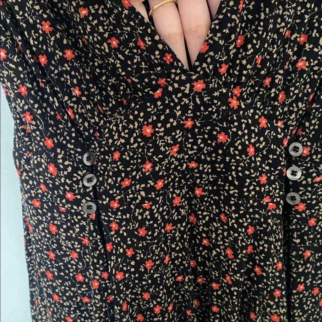 Free People Floral V Neck Mini Dress Cap Sleeves Adjustable Tie at Waist - Image 3