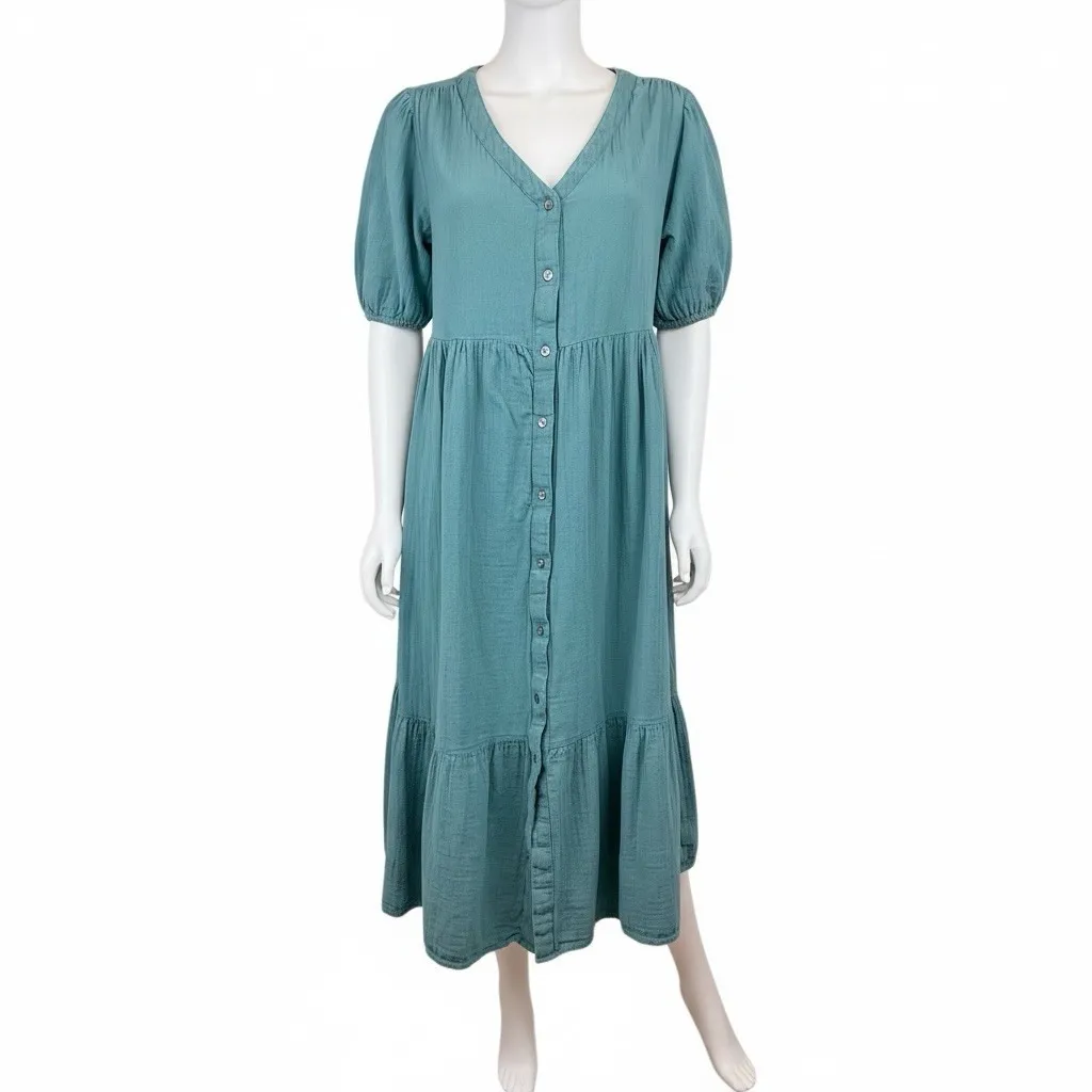 TIME & TRU BLUE GREEN GAUZY COTTON BUTTON DOWN W/ RUFFLE DRESS SZ L 12-14 - Image 3