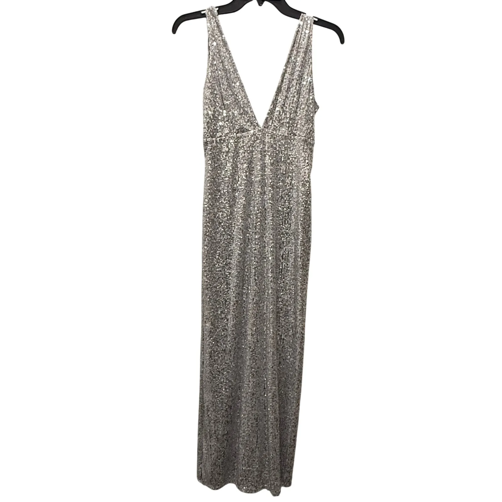 Abercrombie Fitch Silver Sequin V Neck Midi Dress Sparkle Evening Party XS - Image 3