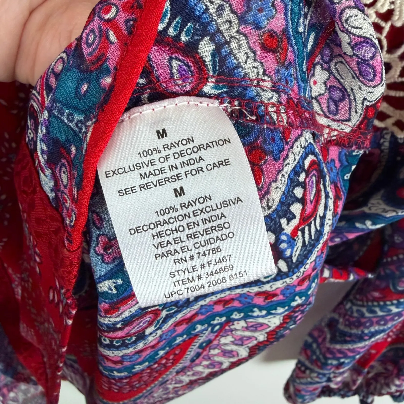 Bila Red Paisley Crochet Trim Blouse Medium Peasant Bandana Lightweight Boho - Image 7