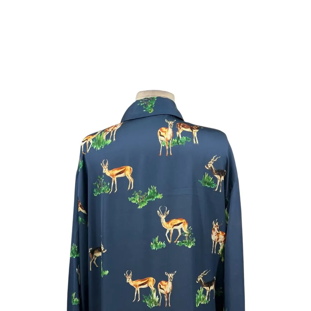 Zara Shirt Dress Deer Print Long Sleeve Midi Satin Blue Size Medium - Image 13