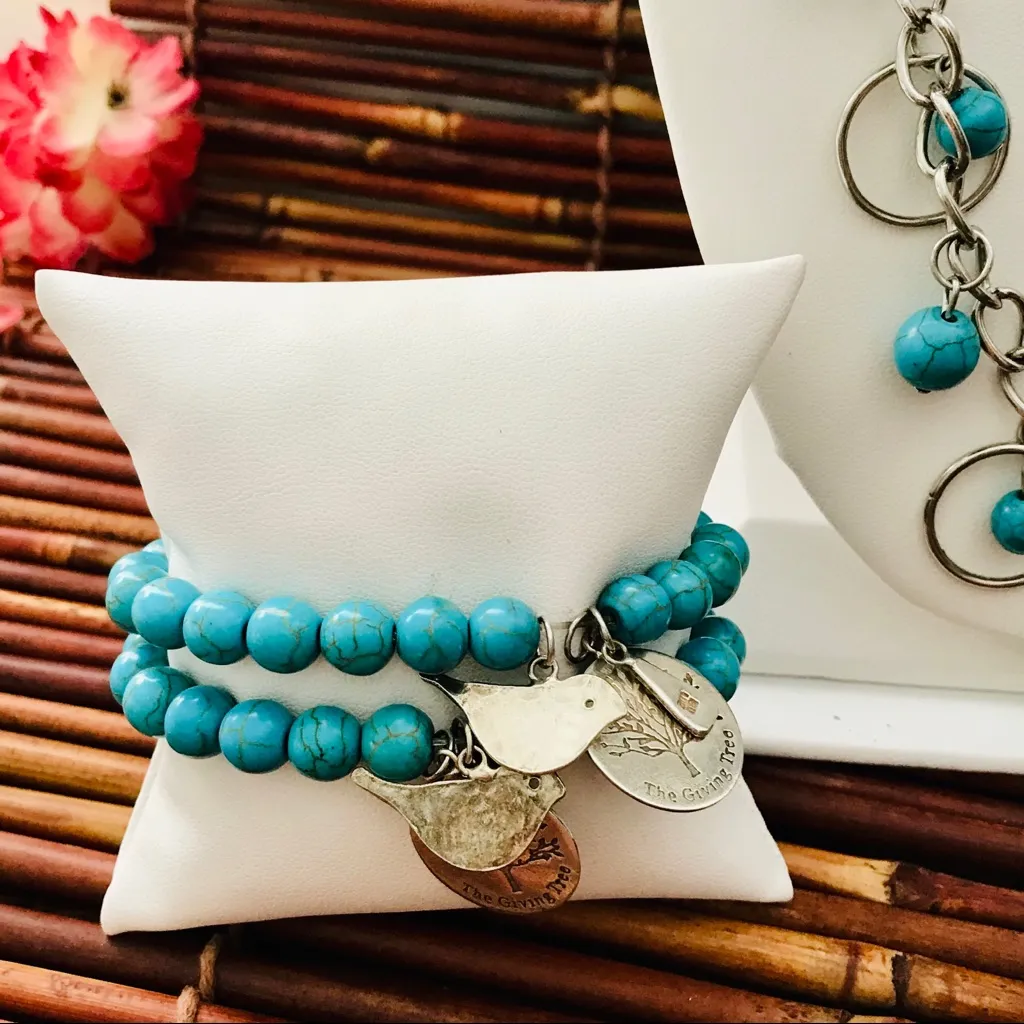 Faux Turquoise & Silver Tone Necklace & Bracelets Blue - Image 2