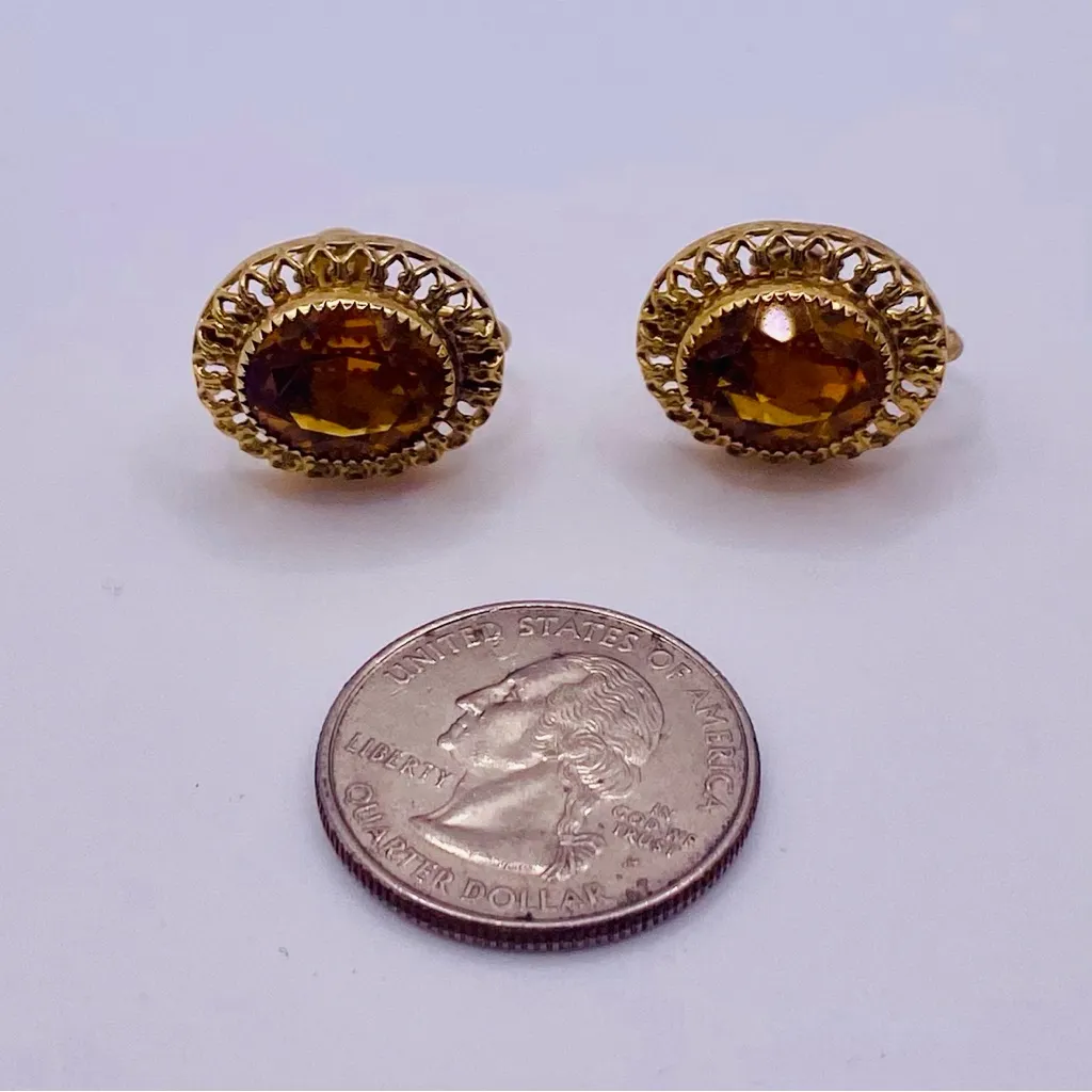 Vintage Danecraft Sterling Silver Citrine Glass Screwback Earrings .75”x.5” Gold - Image 3