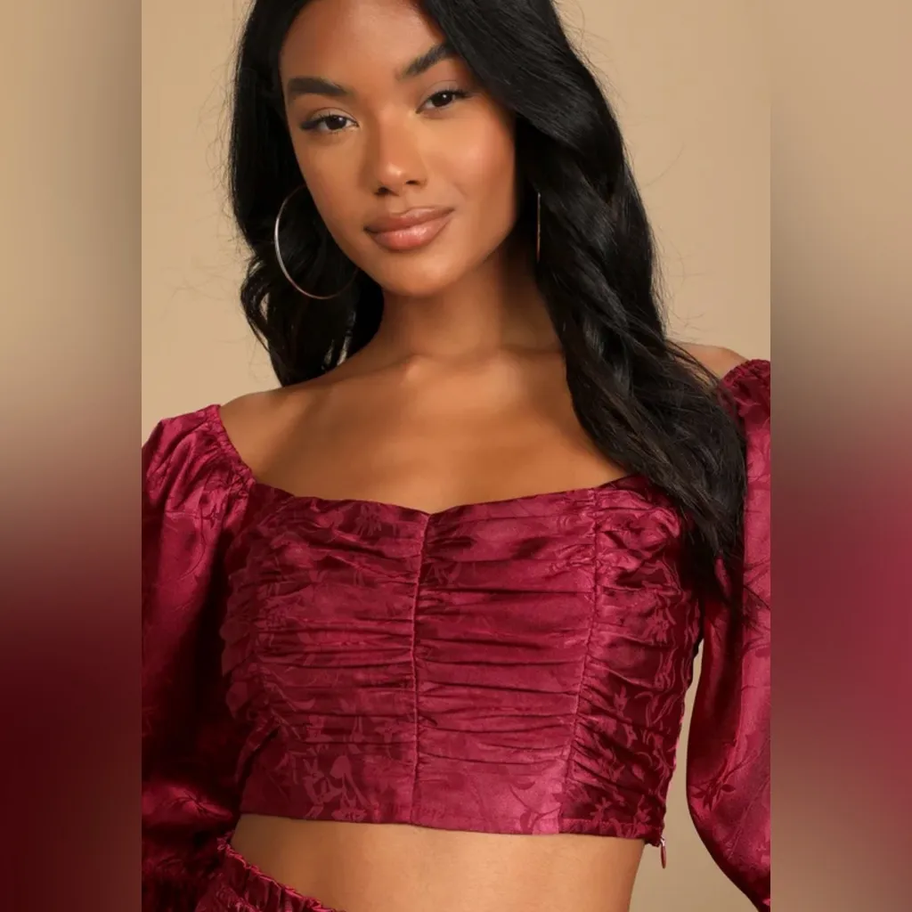 NWT Lulus Whirlwind Romance Burgundy Satin Floral jacquard Two piece set. - Image 6