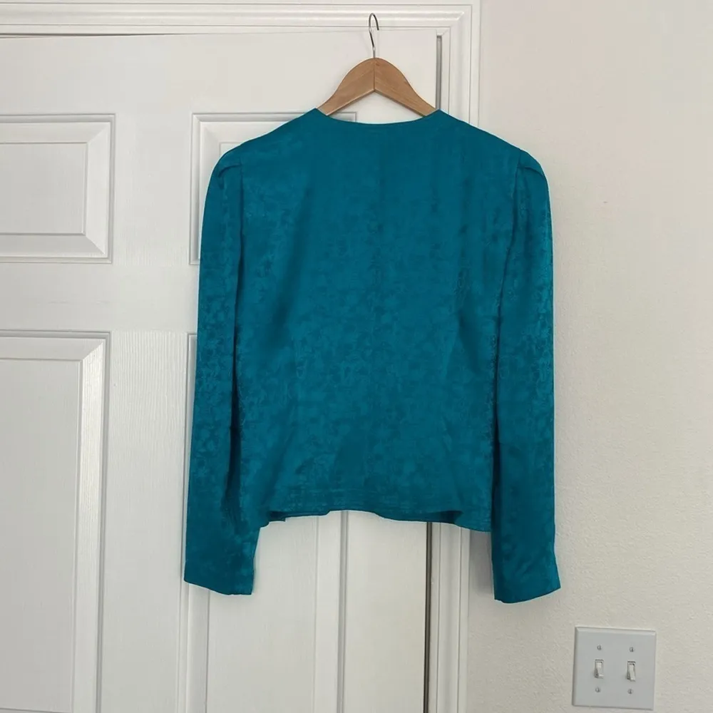 Maggie London 80s silk blazer with gold buttons in deep turquoise. - Image 10